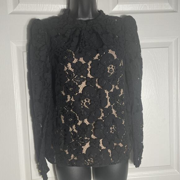 WAYF Lace Blouse Womens Small Black Floral Sheer Attached Tan Cami Mock Neck Top - Picture 1 of 9